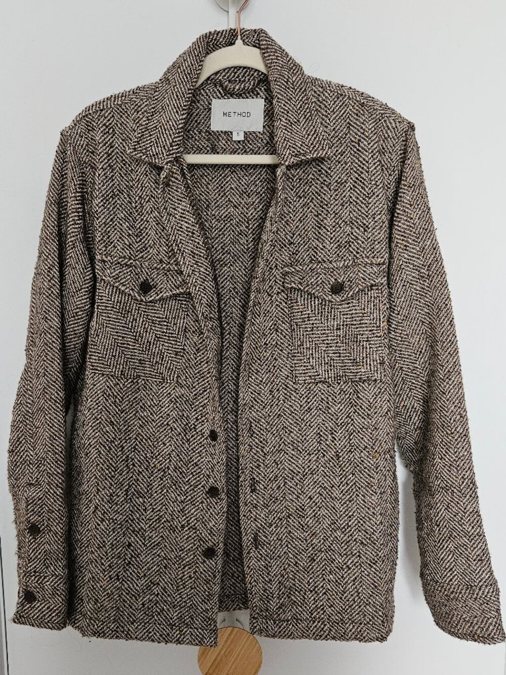 Brown herringbone wool-look barn coat shacket
